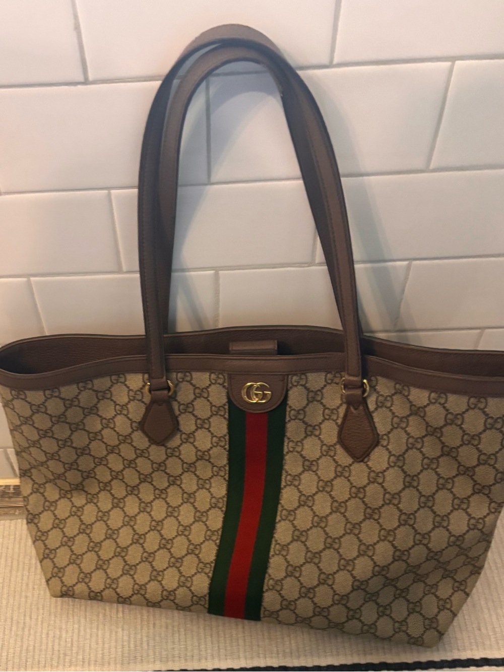 Gucci Brown GG Supreme Canvas Tote with Green and Red Stripe
